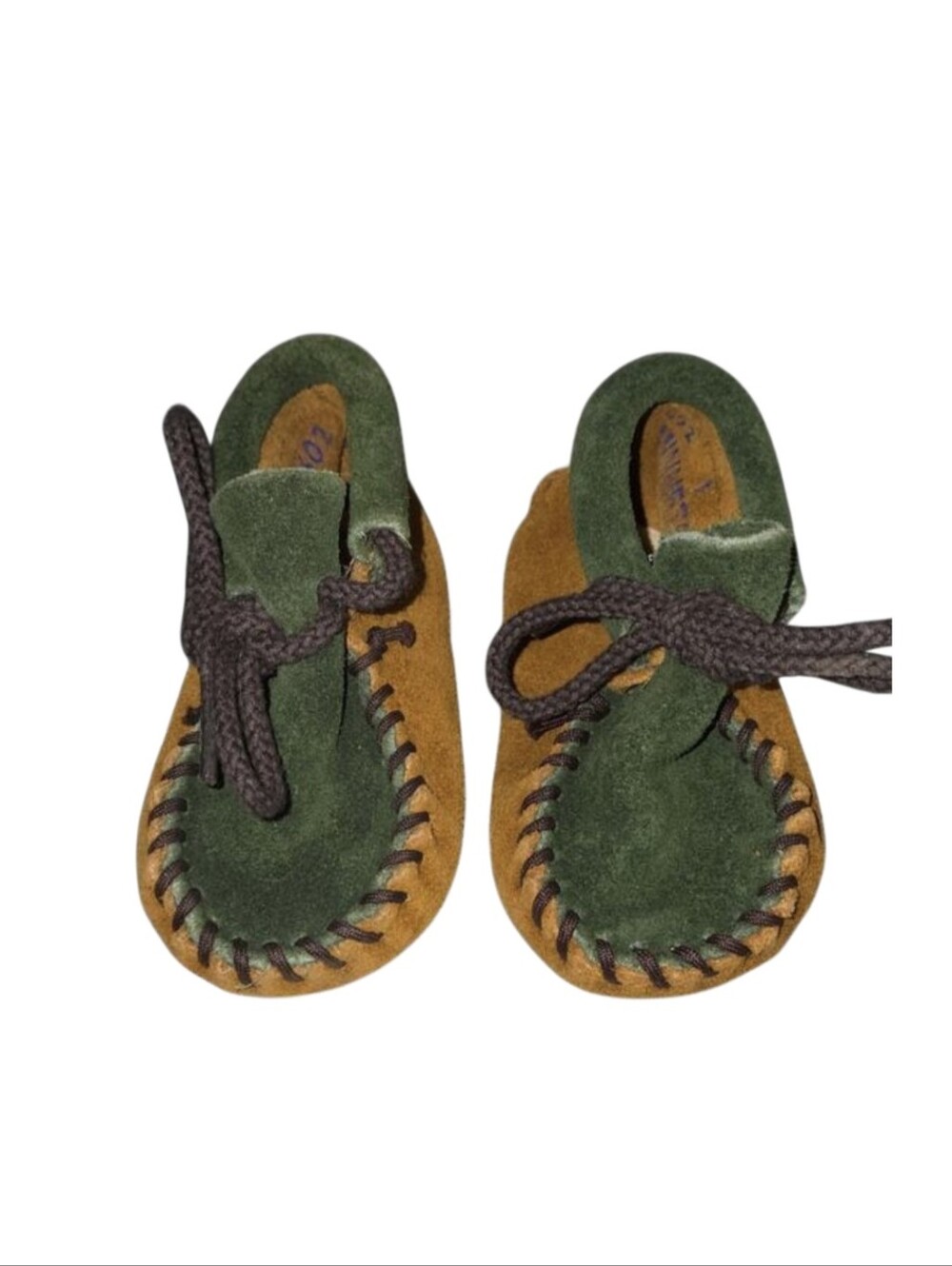 Minnetonka Baby Moccasins Green & Brown Suede Leather- Size 1